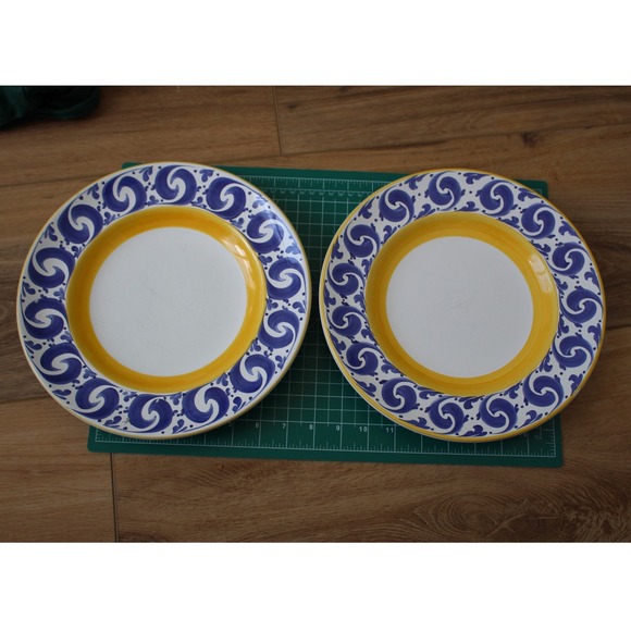 Herend Hungary Other - Herend Hungary Village Pottery Blue Scroll Yellow 11 Inch Dinner Plates Set